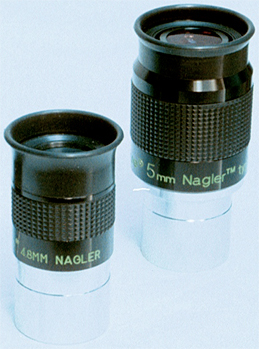 Original TeleVue 4.8mm Nagler (at left) next to 5mm Nagler Type 6 eyepiece. (87,208 bytes)